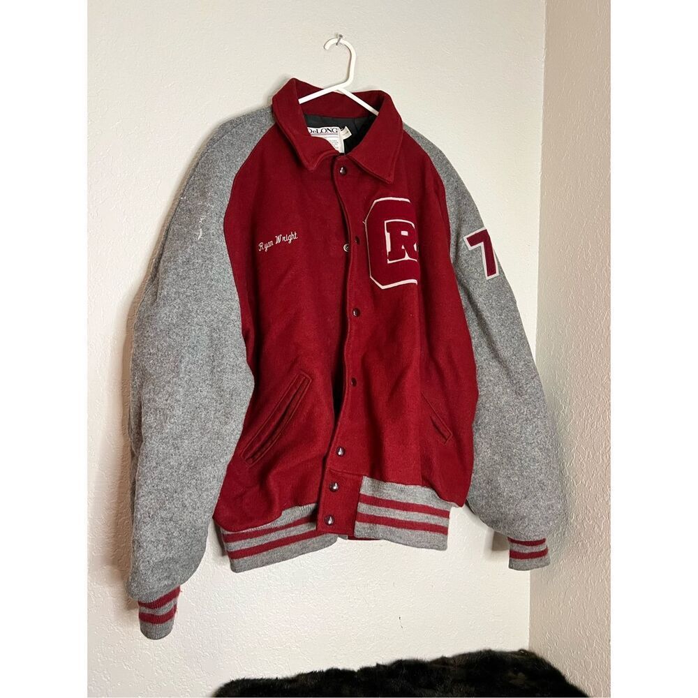 Delong wool   Maroon Red Silver/Gray Leather Varsity Jacket Letterman Size 3x